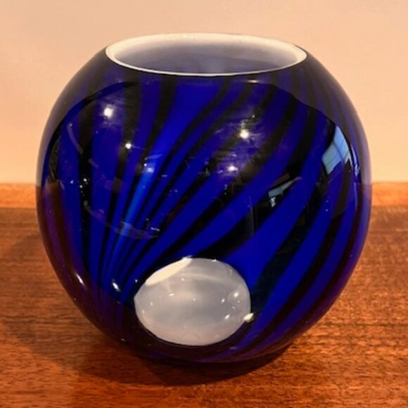 Murano Style Cobalt Blue and Black Stripe Blown Glass Bowl Vase Peekaboo Cutouts - Picture 2 of 6